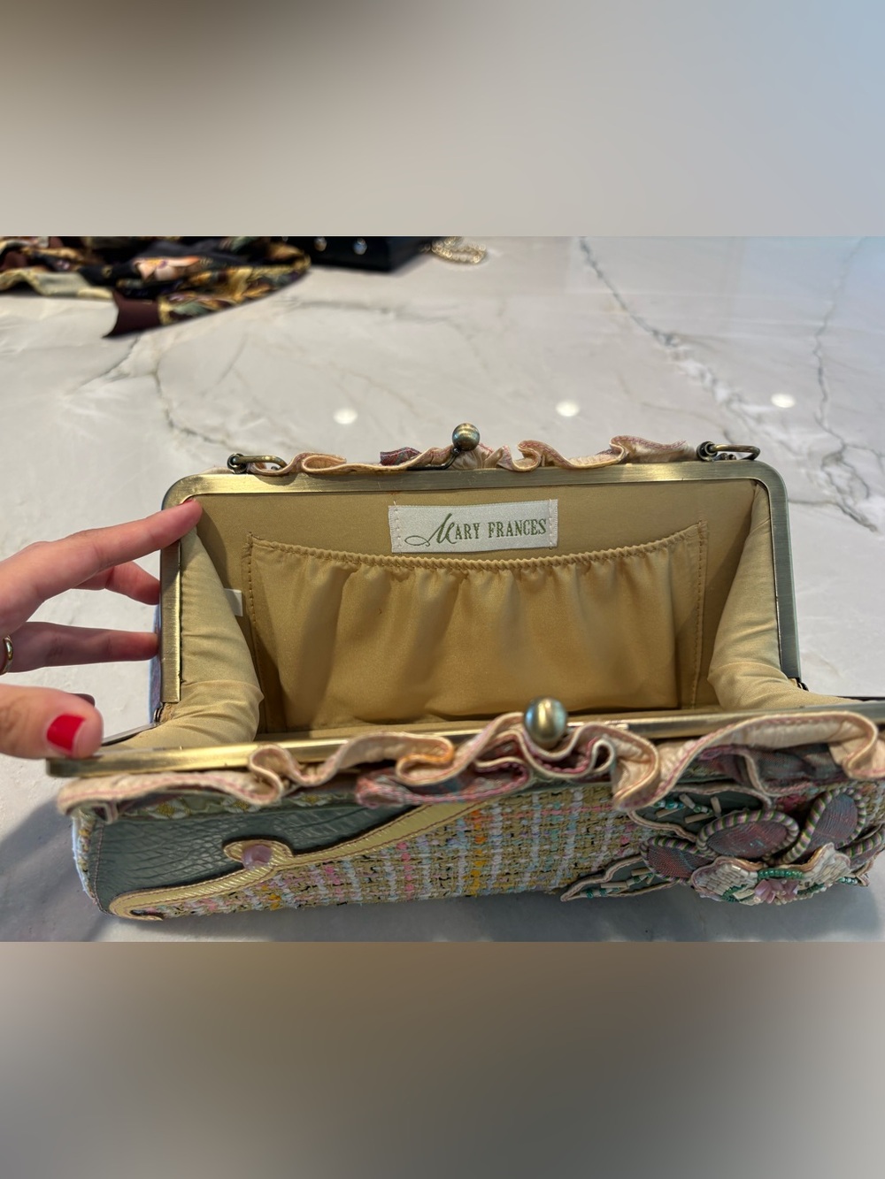 Mary Frances Multicolor Tweed Floral Appliqué Clutch with Yellow Trim - Picture 2 of 7